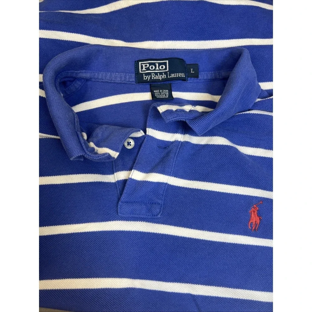 Polo Ralph Lauren Blue White Stripe Polo Shirt Red Pony Men's Large 100% Cotton